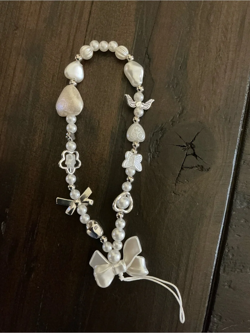 Pearl Charm Phone Strap with Hearts & Bows - White